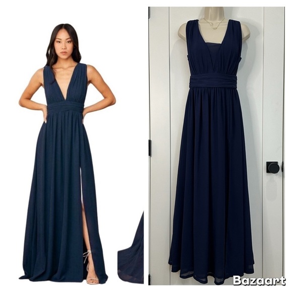 Lulus Heavenly Hues Maxi Dress Gown Deep V Modest Leg Slit Navy Blue Small Prom - Picture 1 of 16